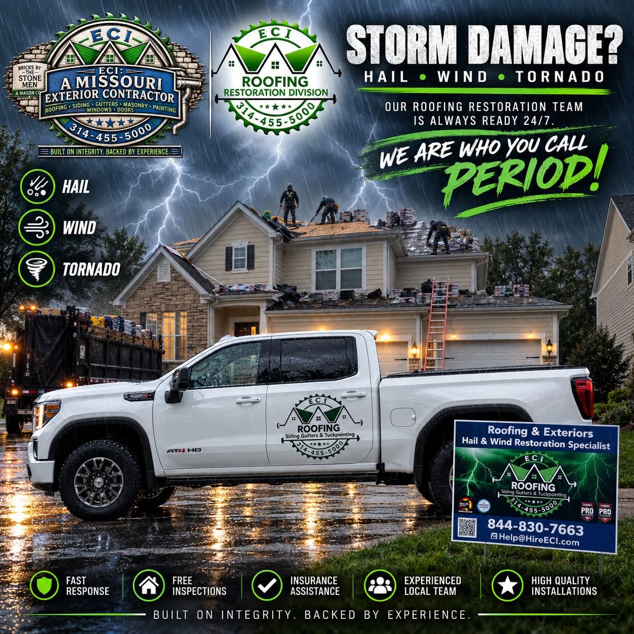 ECI storm restoration crew — hail, wind, tornado